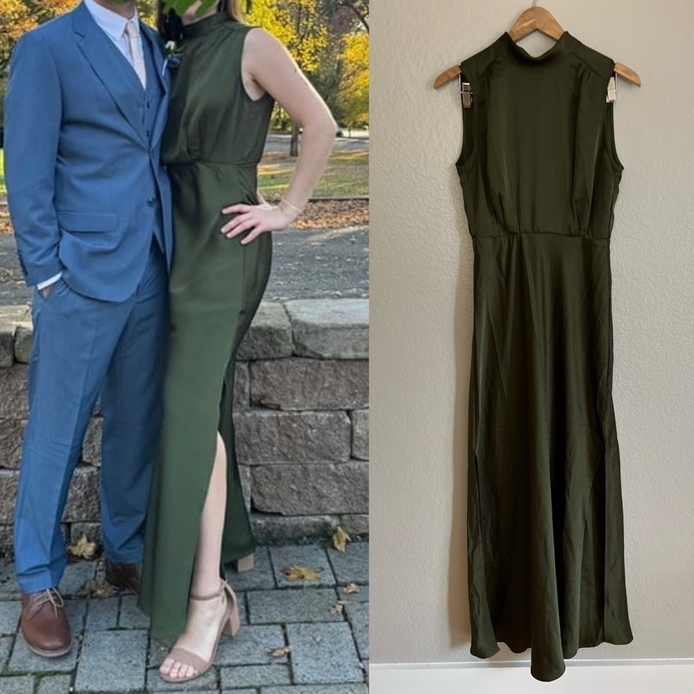 Classic Elegance Olive Satin Sleeveless Mock Neck Maxi Dress